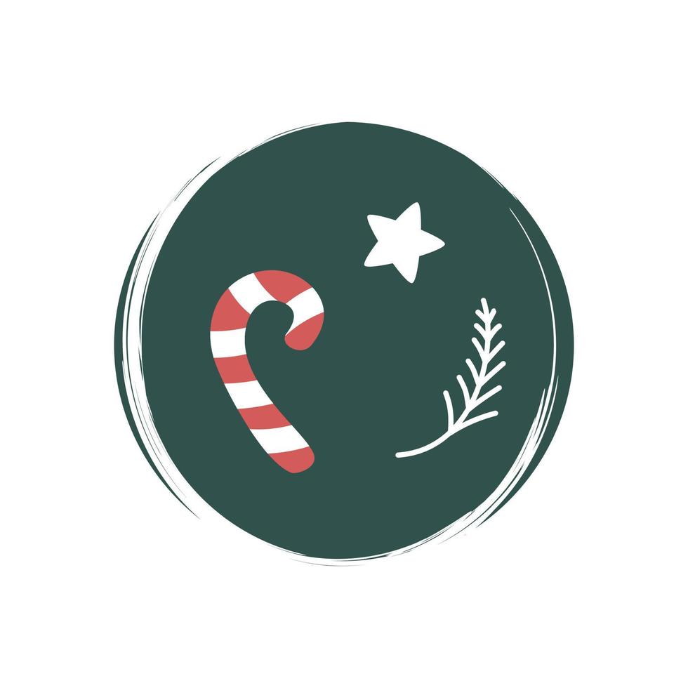 Cute christmas red and white candy cane, star and fir branch icon vector, illustration on circle with brush texture, for social media story and highlights vector