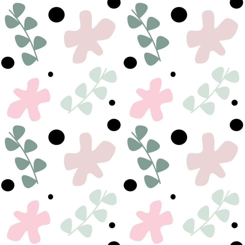 Cute pastel seamless vector pattern background illustration with abstract flowers, geometric shapes and leaves