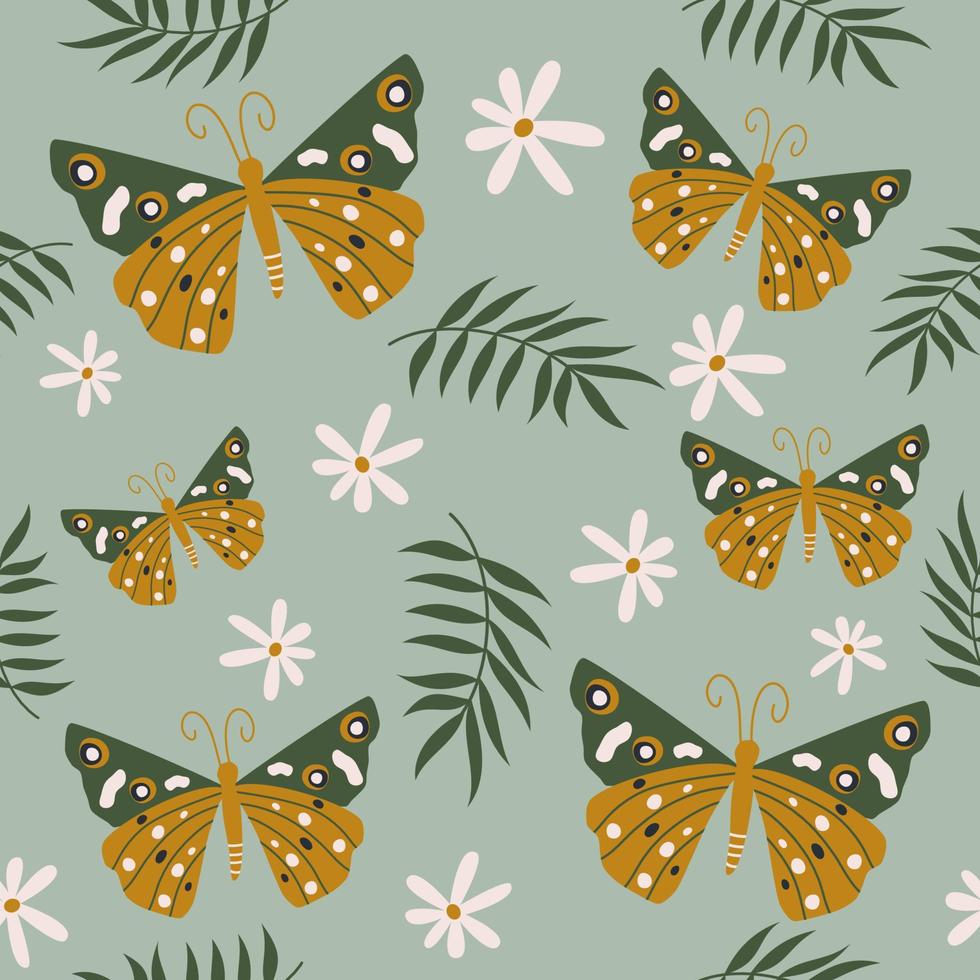 Beautiful boho trendy seamless vector pattern baackground illustration with moth, daisy flowers and leaves
