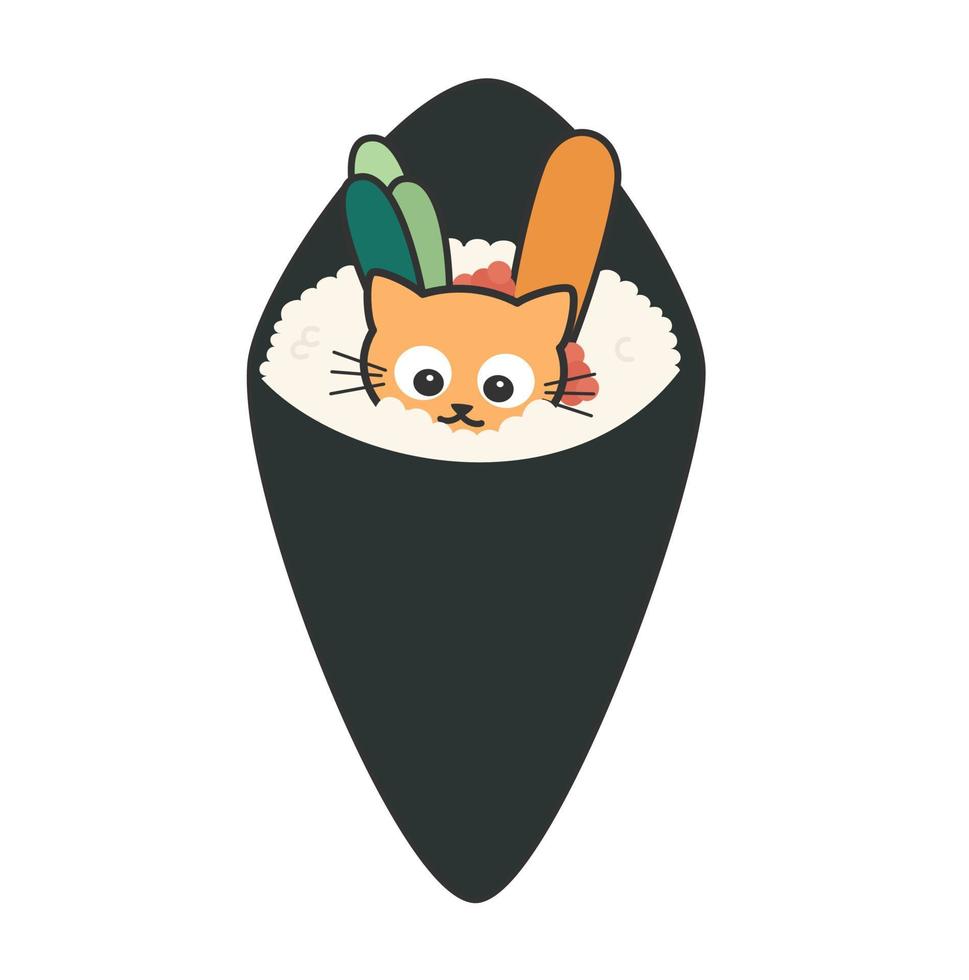 linda dibujos animados gato temaki rodar cono japonés comida gracioso vector ilustración