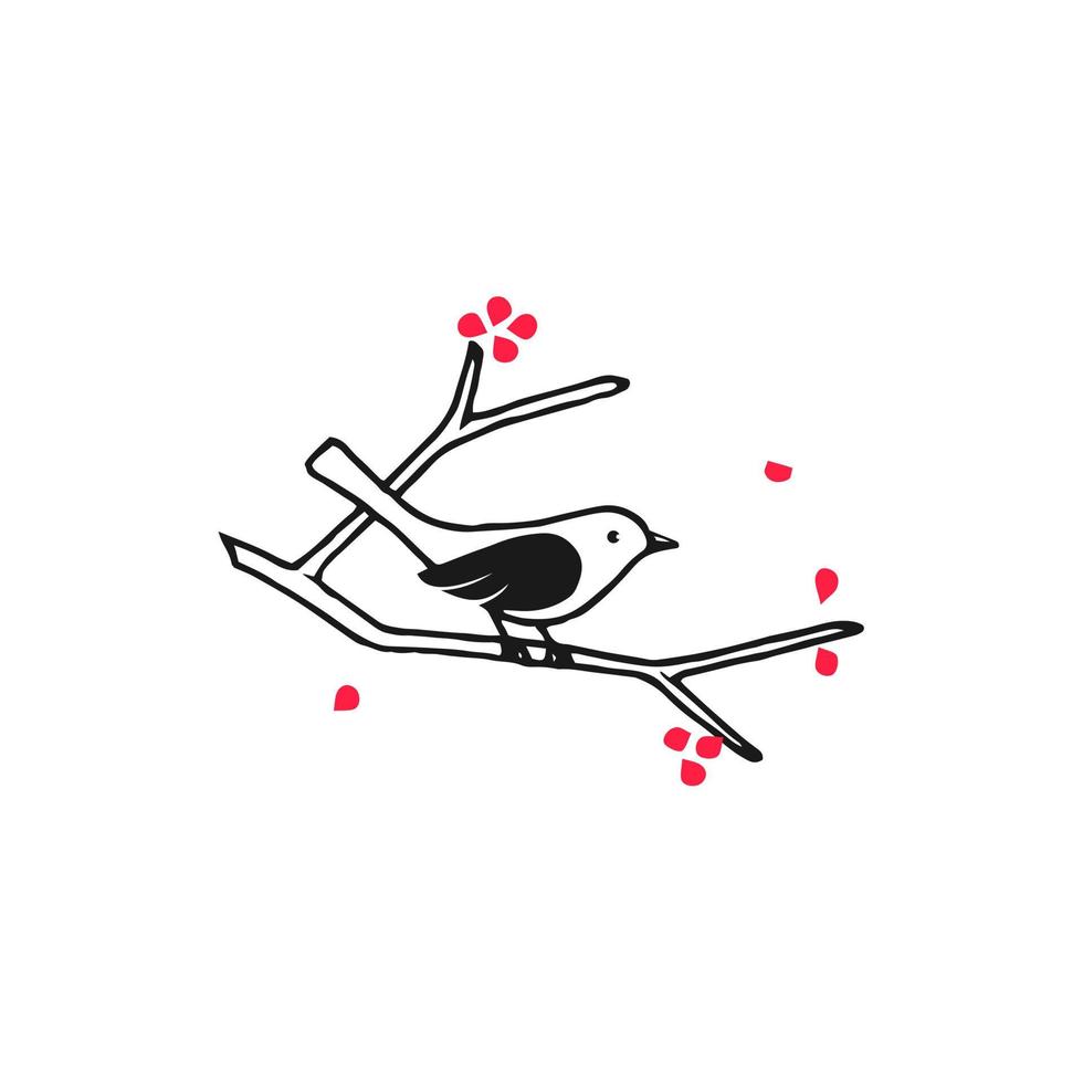 Decorative Magpie Bird sits on a branch with red flowers on it vector