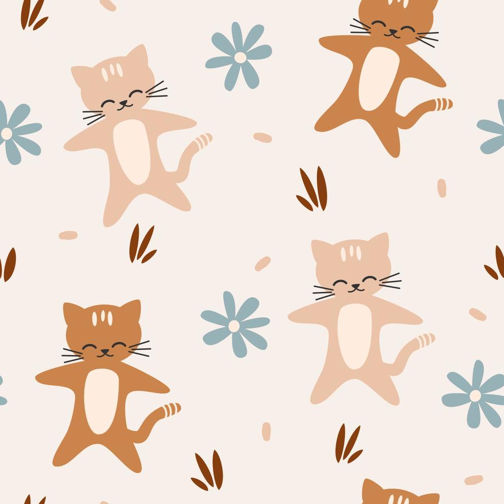 Cute seamless vector pattern illustration with hand drawn cartoon cats and flowers