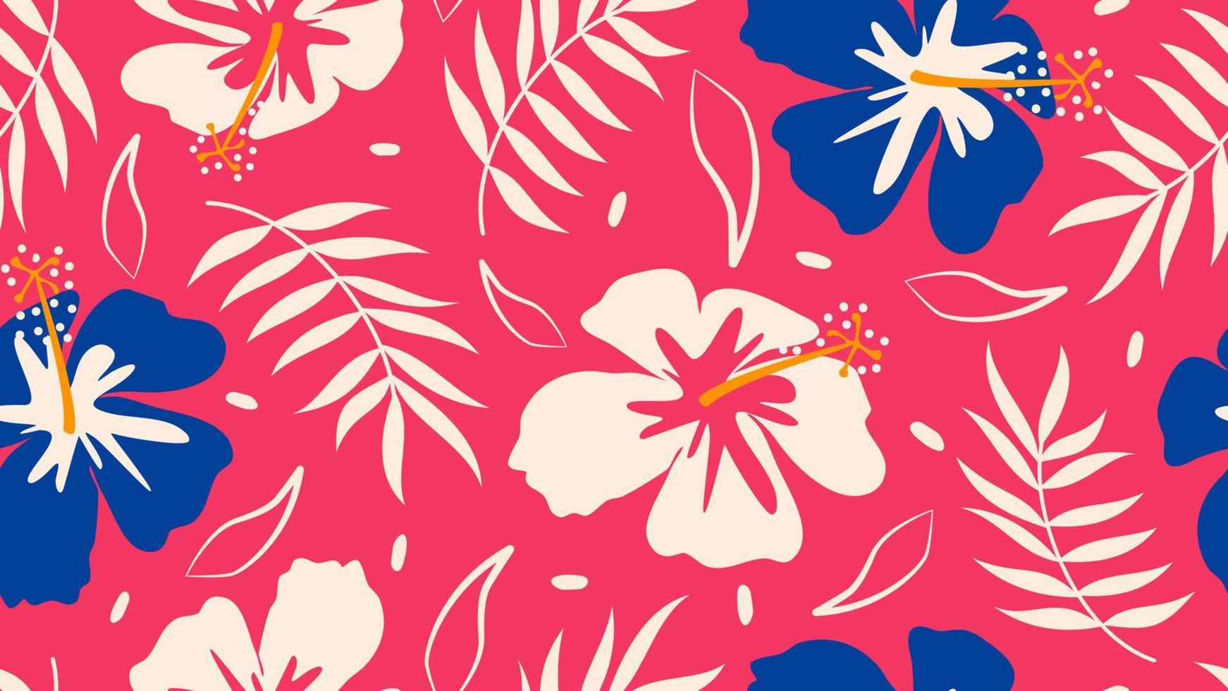 Cute colorful seamless vector pattern illustration with hibiscus flowers and leaves on vibrant pink background