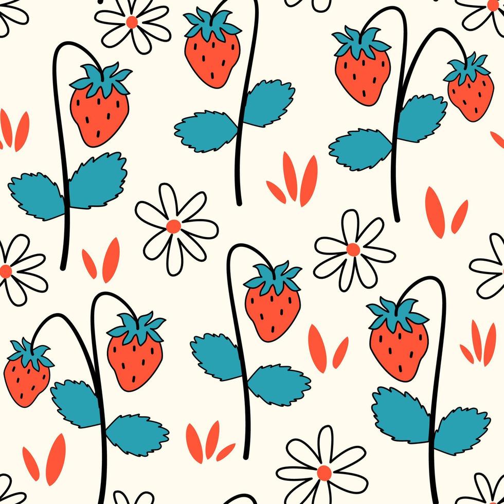 cute colorful seamless vector pattern background illustration with strawberries and daisy flowers