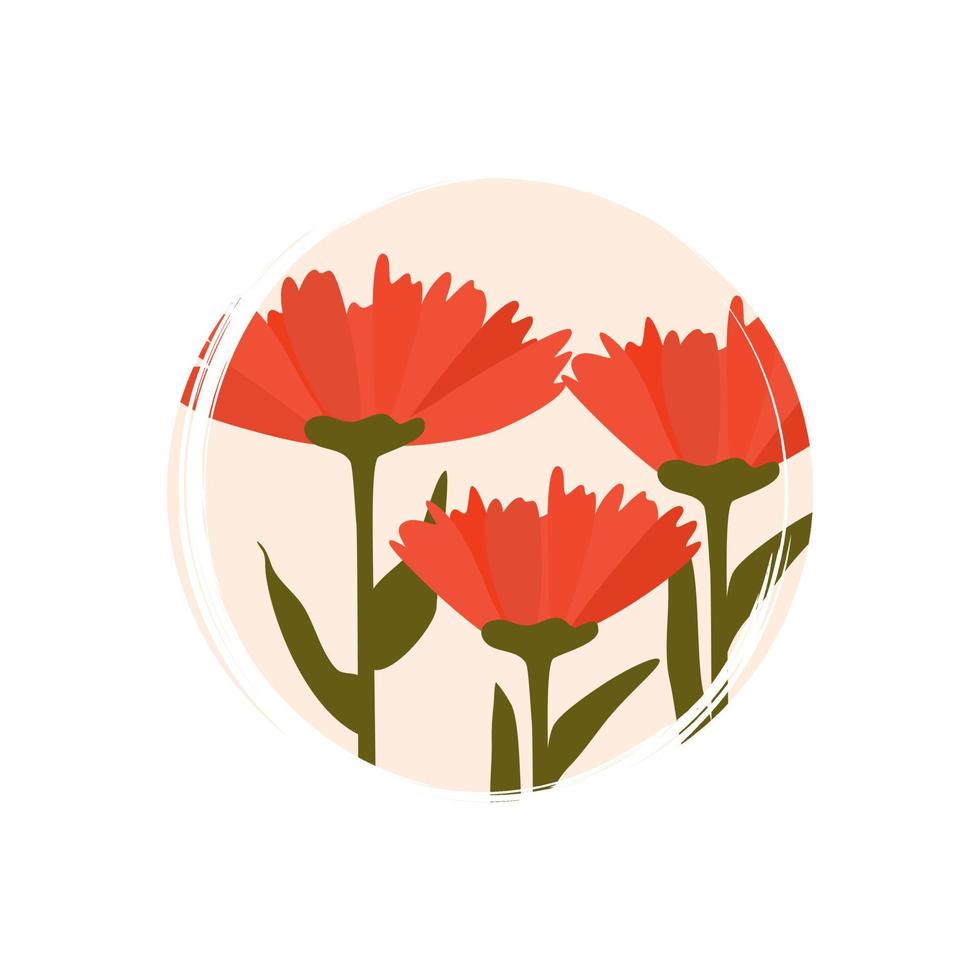 Cute logo or icon vector with red flowers illustration on circle with brush texture, for social media story and highlights