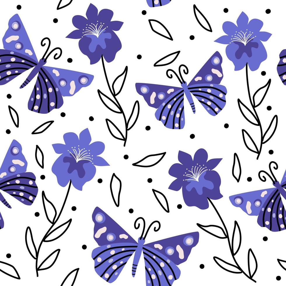 Beautiful abstract very peri seamless vector pattern background illustration with cartoon butterflies and flowers