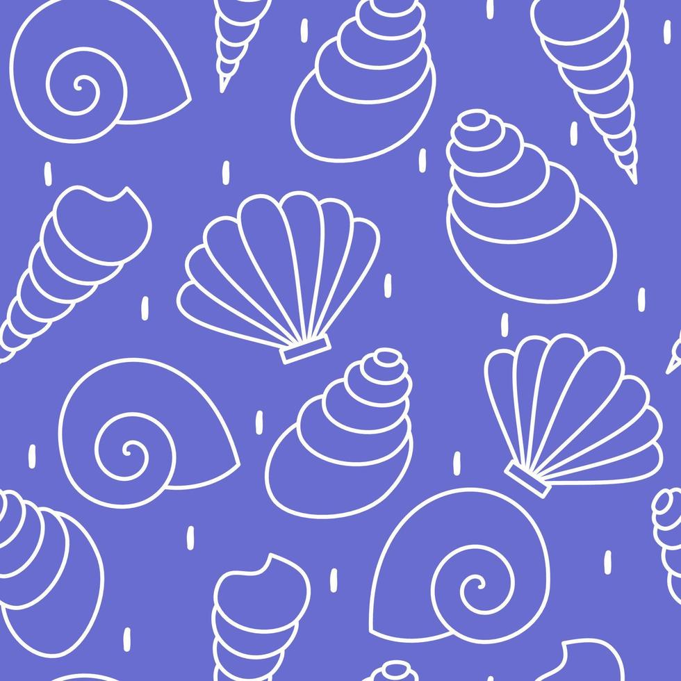 cute hand drawn abstract seamless vector pattern design illustration with seashells and white confetti on very peri background