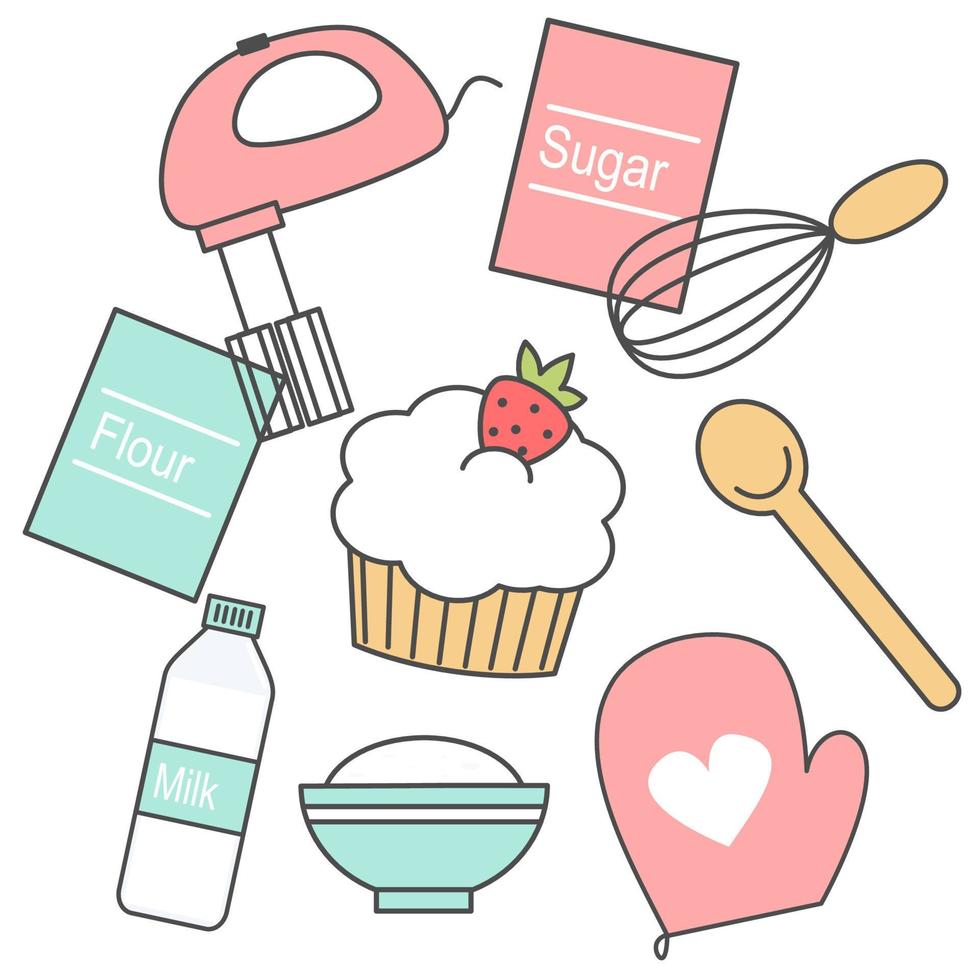 Cute baking kitchen icons doodle vector set with cupcake