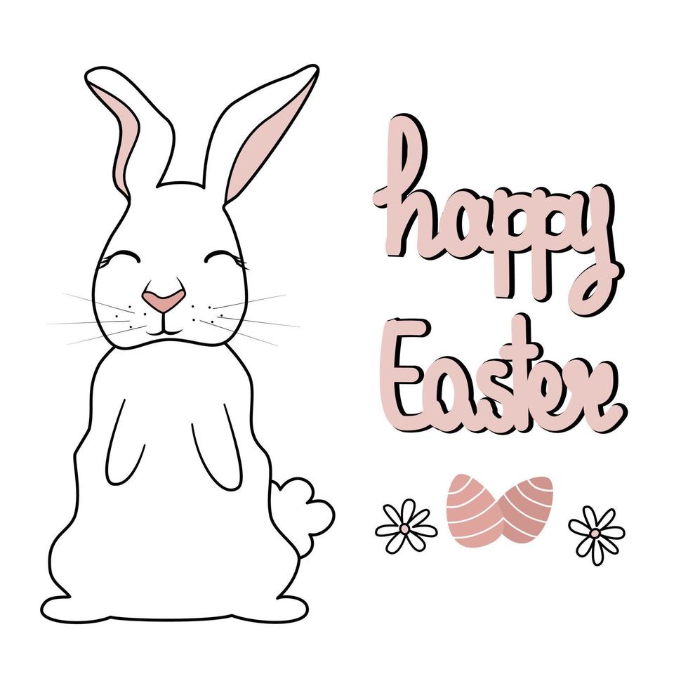 Cute hand drawn lettering happy easter text vector background illustration with white cartoon character rabbit, easter eggs and daisy flowers