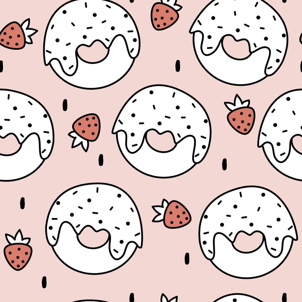 linda encantador dibujos animados delicioso negro y blanco rosquillas con rojo fresas sin costura vector modelo ilustración en rosado antecedentes