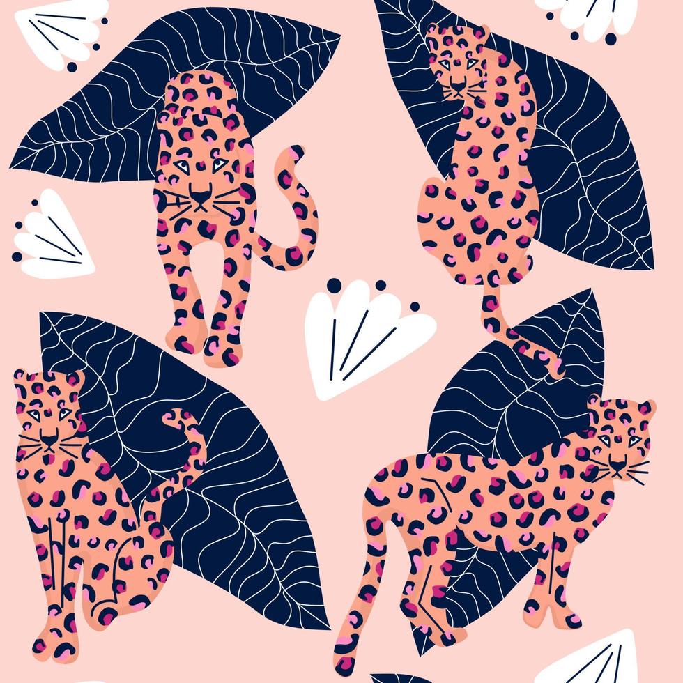 cute colorful contemporary seamless vector pattern background illustration with abstract blue leaves, leopards and white flowers