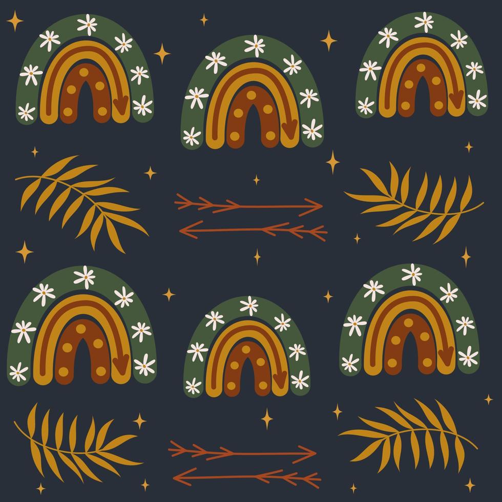 Cute lovely boho rainbow seamless vector pattern background illustration with stars, leaves and arrows