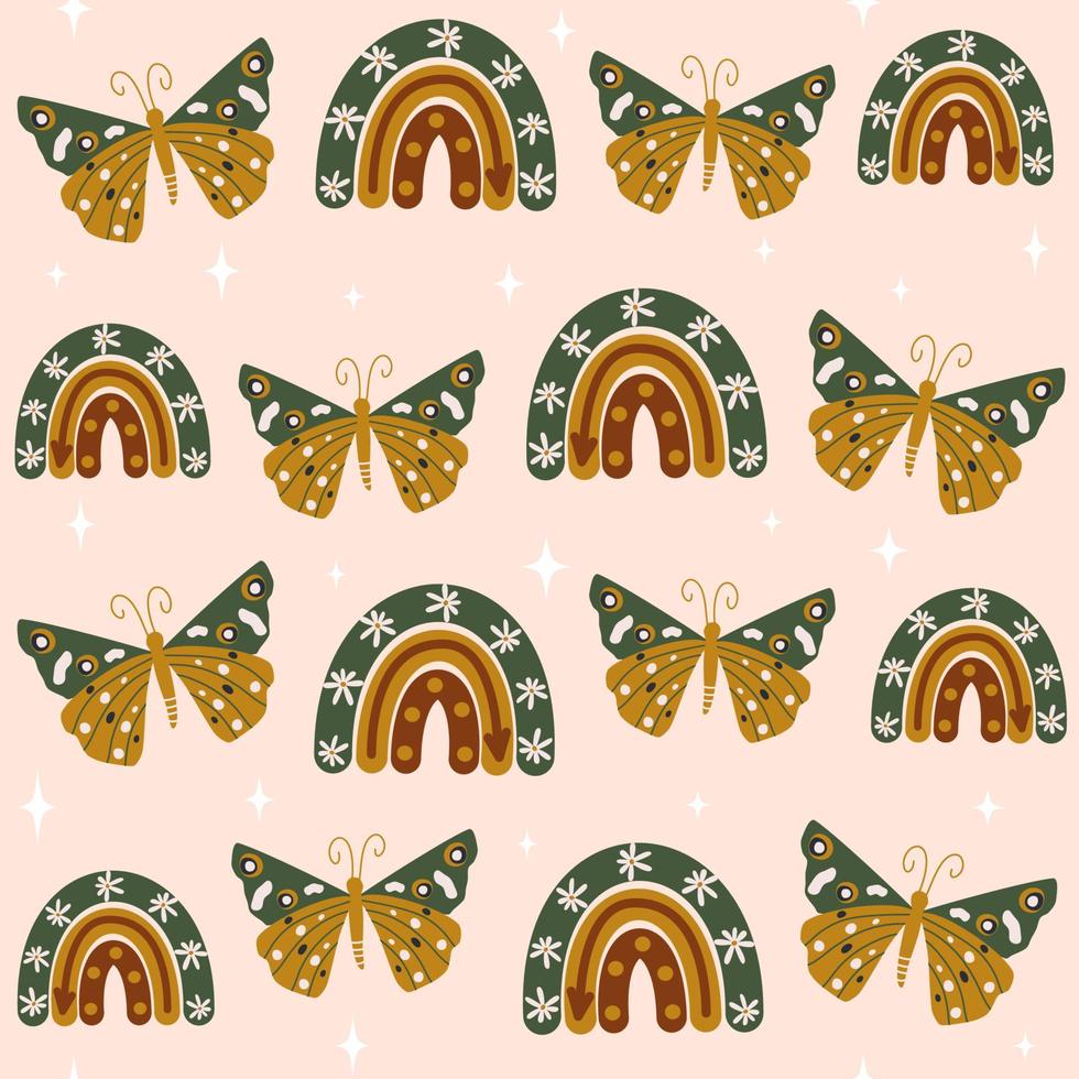 Cute boho trendy seamless vector pattern background illustration with colorful moth, rainbows and stars