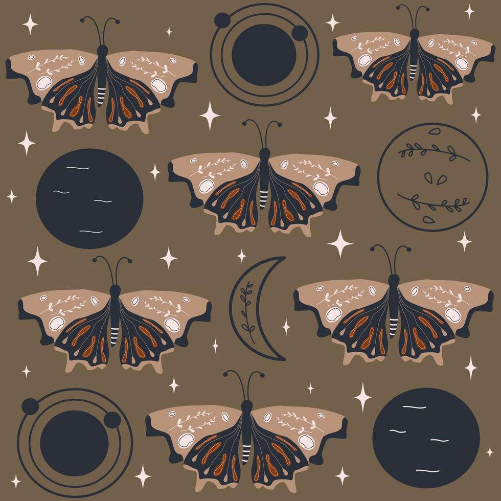 Beautiful boho trendy seamless vector pattern baackground illustration with moth, planets, moon and stars