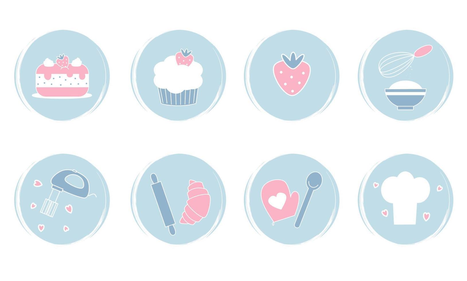 Vector set of logo design templates, icons and badges for social media highlights with cute bakery kitchen elements