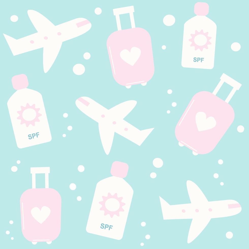 Cute colorful trendy summertime seamless vector pattern background illustration with suitcase, sunscreen and airplane