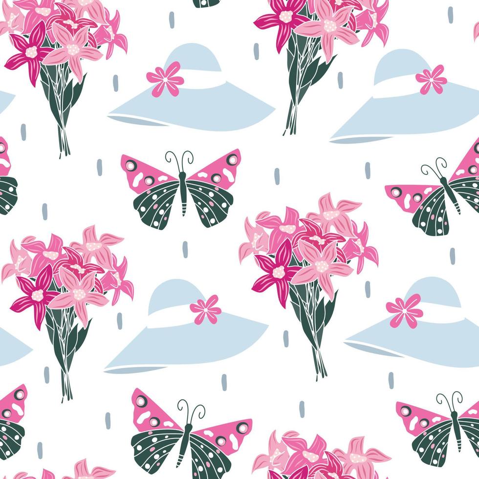Cute lovely beautiful abstract seamless vector pattern background illustration with colorful butterflies, girly hats and flowers bouquets