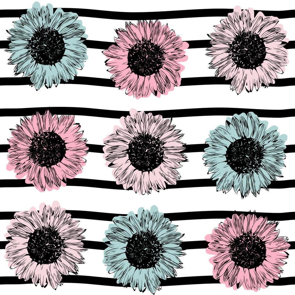 cute romantic seamless vector pattern illustration with colorful sunflowers on striped background