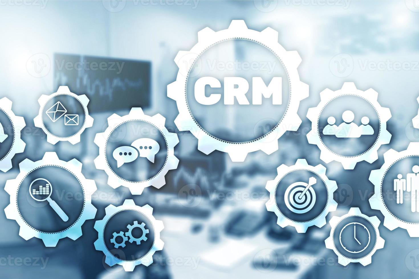 CRM Customer Management Analysis Service Concept. Graphics on blurred office background. photo