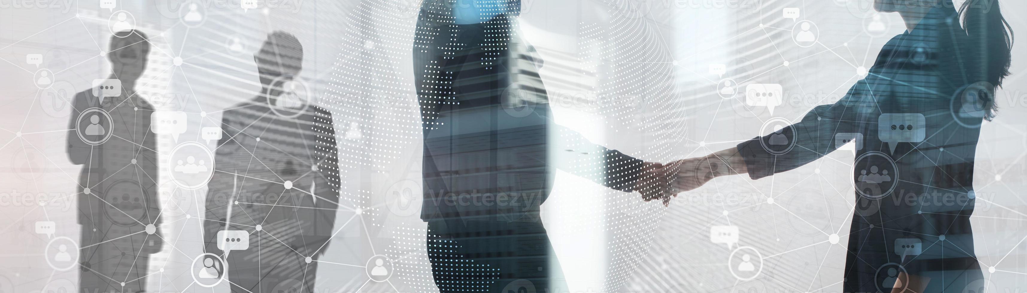 People message icons talk on abstract background with people silhouettes. Social media network. photo