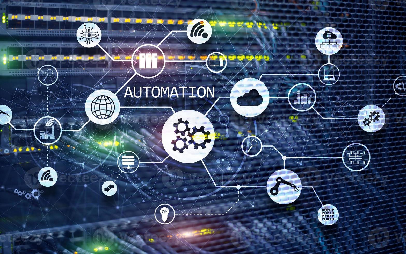 Business process automation concept on blurred network cabinets. New project 2020. photo
