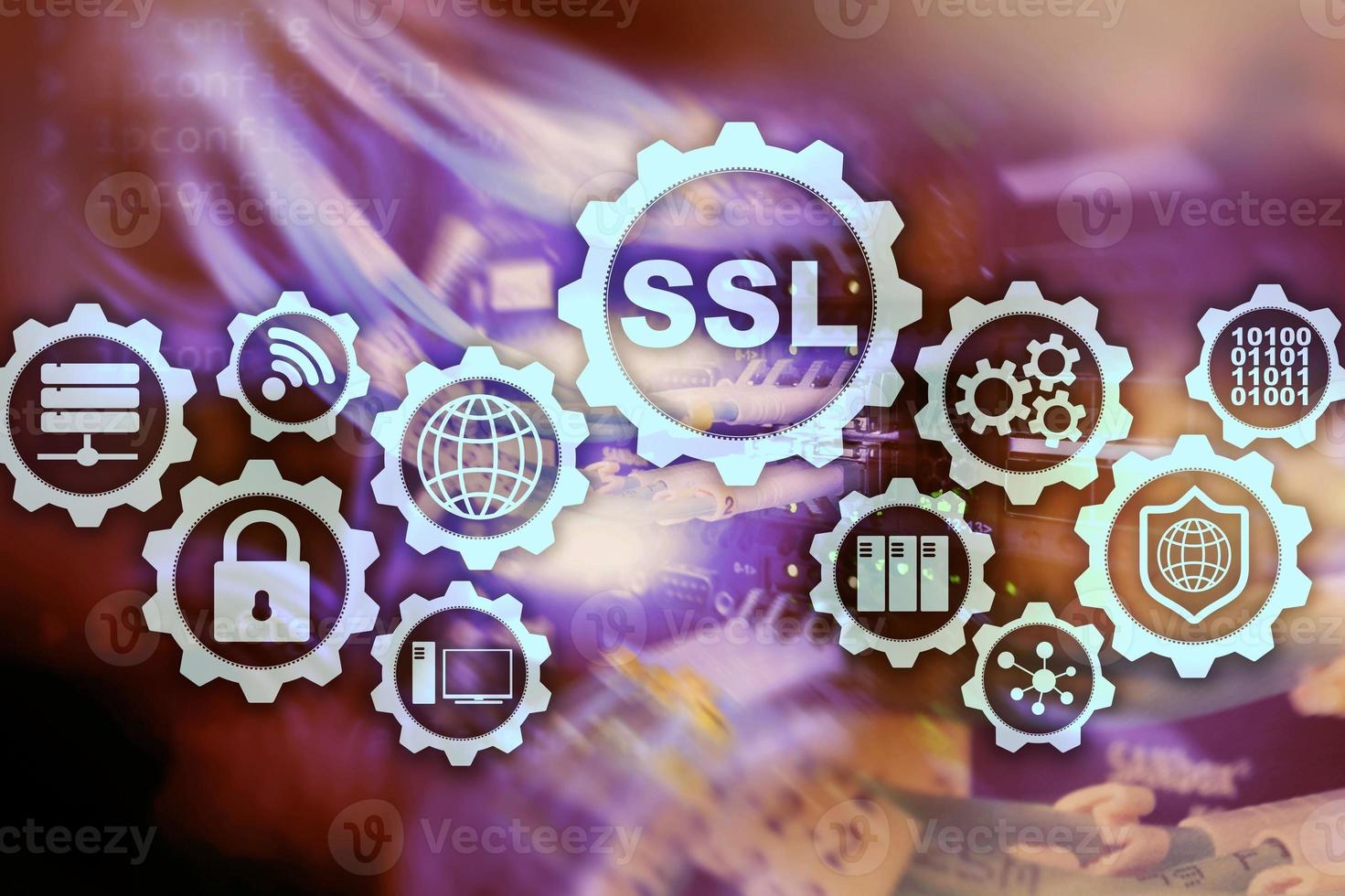 SSL Secure Sockets Layer concept. Cryptographic protocols provide secured communications. Server room background photo