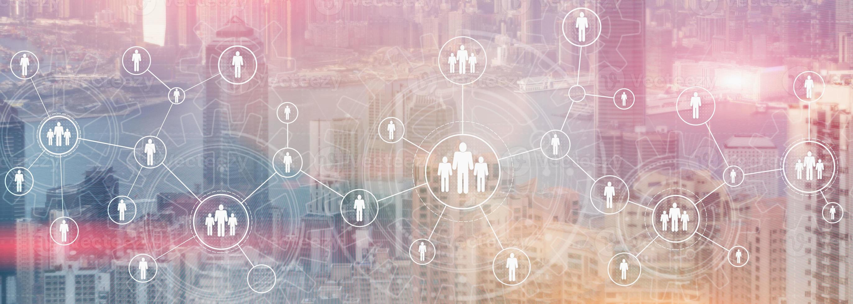 HR Recruitment Structure Global Outsourcing Social network communication concept. Modern City view panoramic website header banner double exposure photo