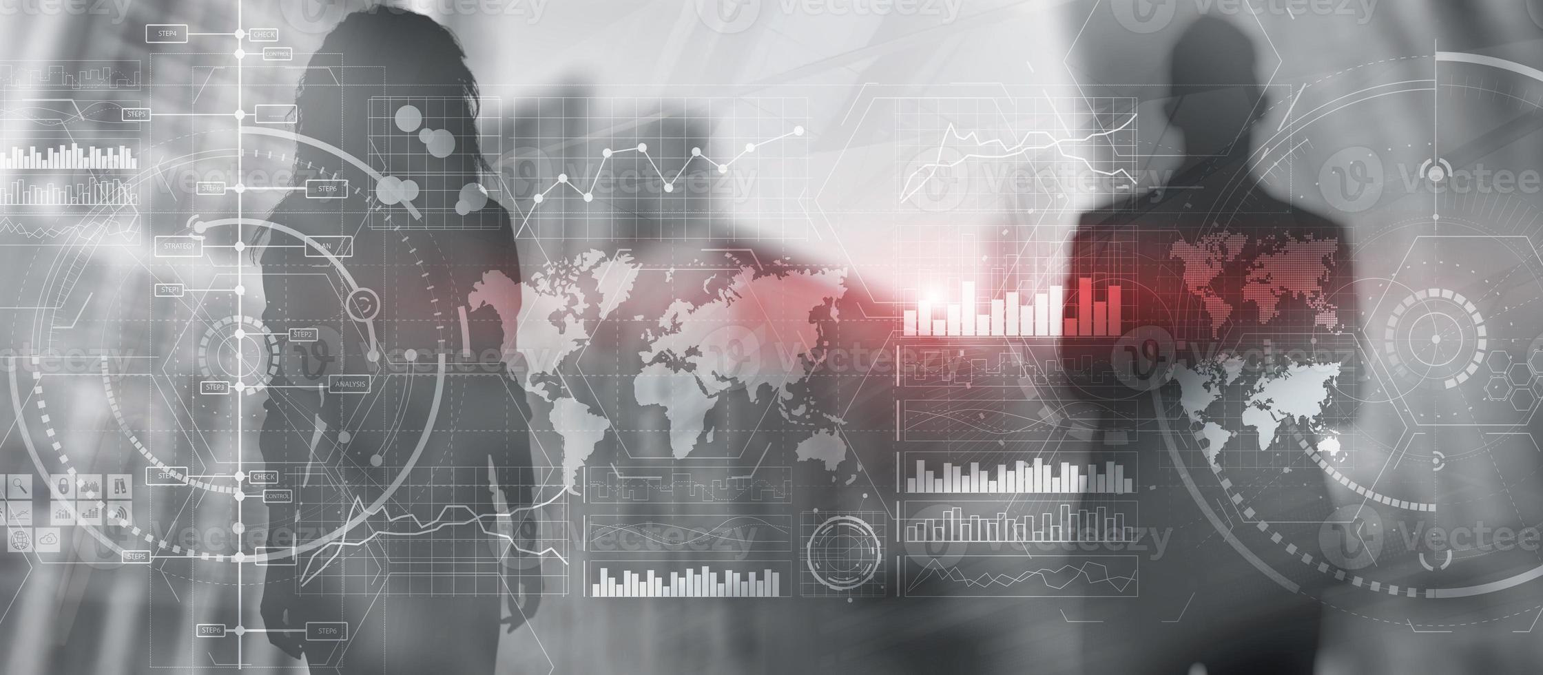 Diverse business team in city digital interface. Intelligence control panel photo