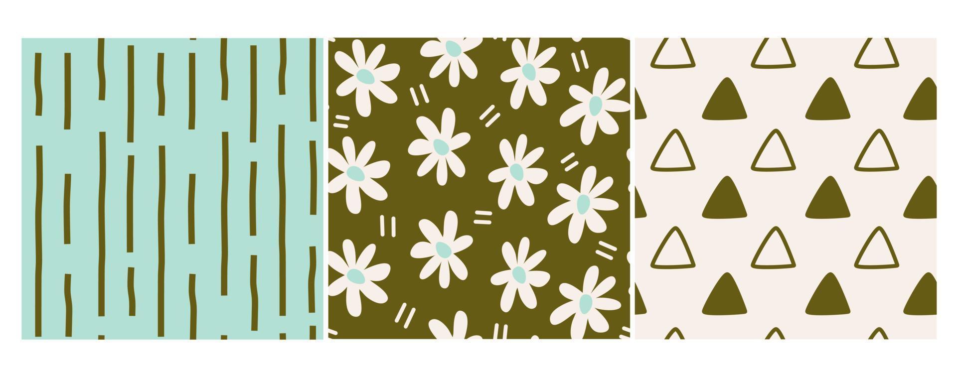 Cute green and turquoise seamless vector pattern background collection set with daisy flowers, stripes and triangles shape