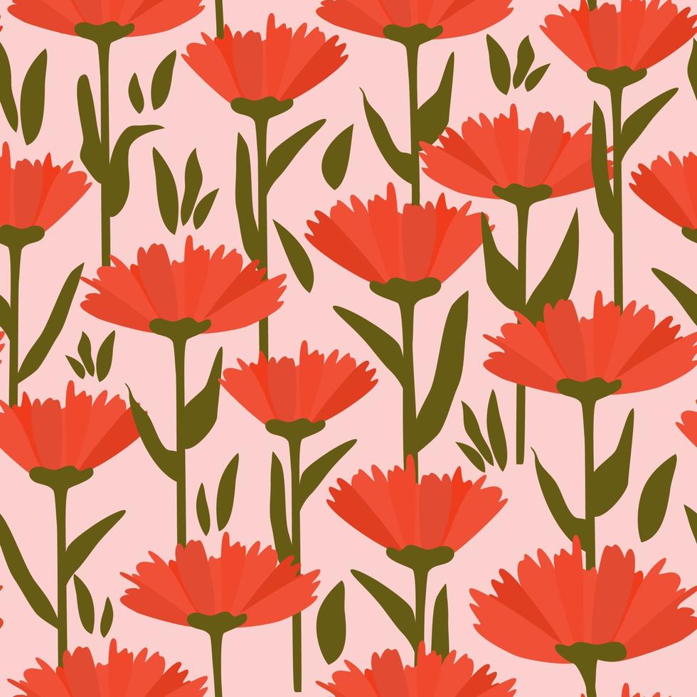 Cute seamless vector pattern illustration with hand drawn red flowers on pink background