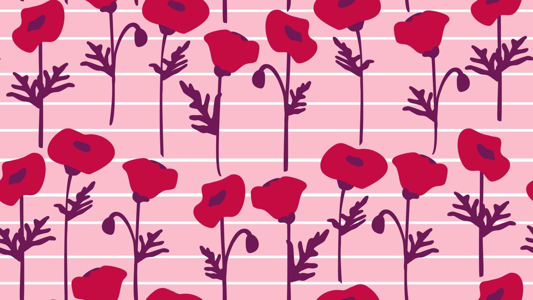 cute hand drawn magenta poppy flowers on striped white and pink background abstract seamless vector pattern illustration