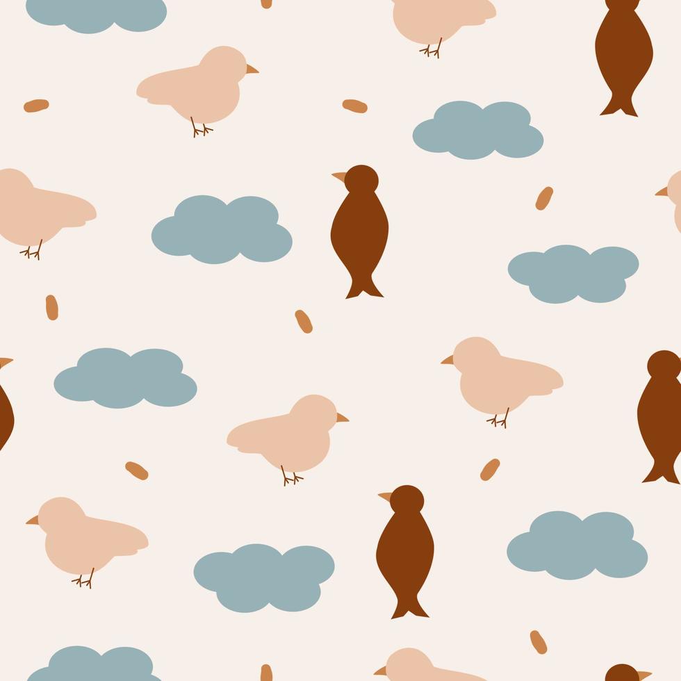 cute seamless vector pattern illustration with brown birds, blue clouds and confetti on pastel background