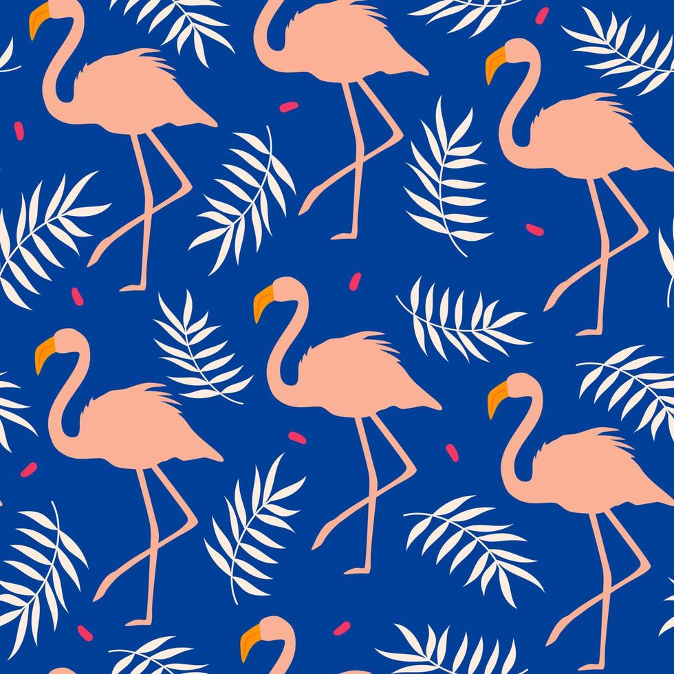 Cute colorful seamless vector pattern illustration with flamingos and leaves on blue background