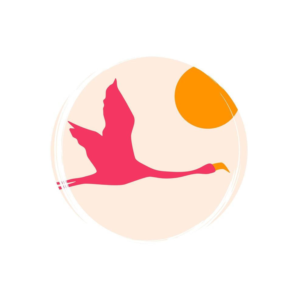 Cute logo or icon vector with pink flying flamingo silhouette and sun illustration on circle with brush texture, for social media story and highlights