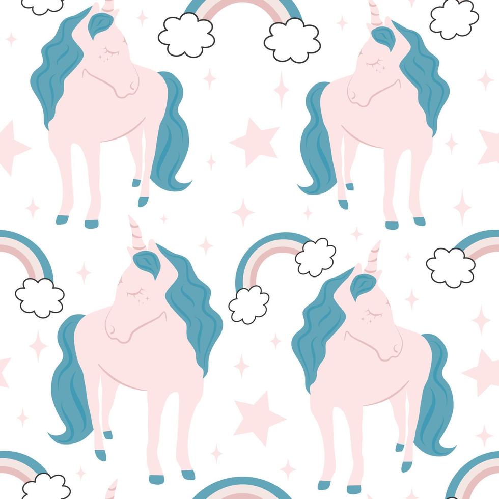 cute pink cartoon character unicorns with rainbows and stars seamless vector pattern background illustration
