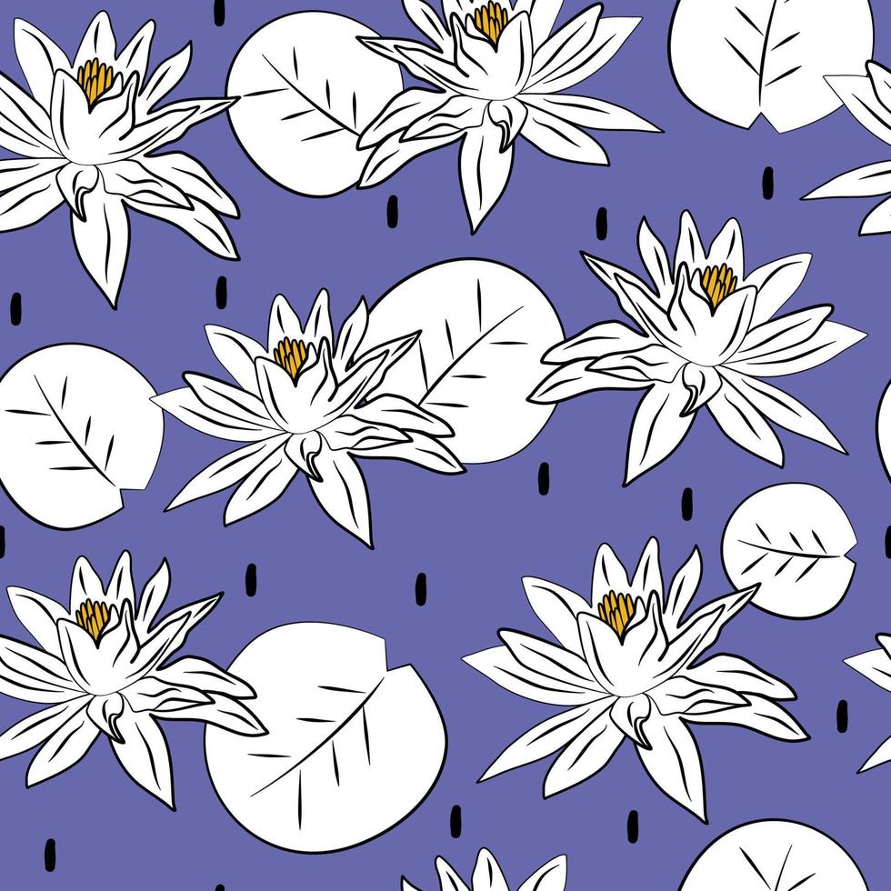 cute colorful trendy seamless vector pattern illustration with beautiful lotus leaves and flowers on very peri background