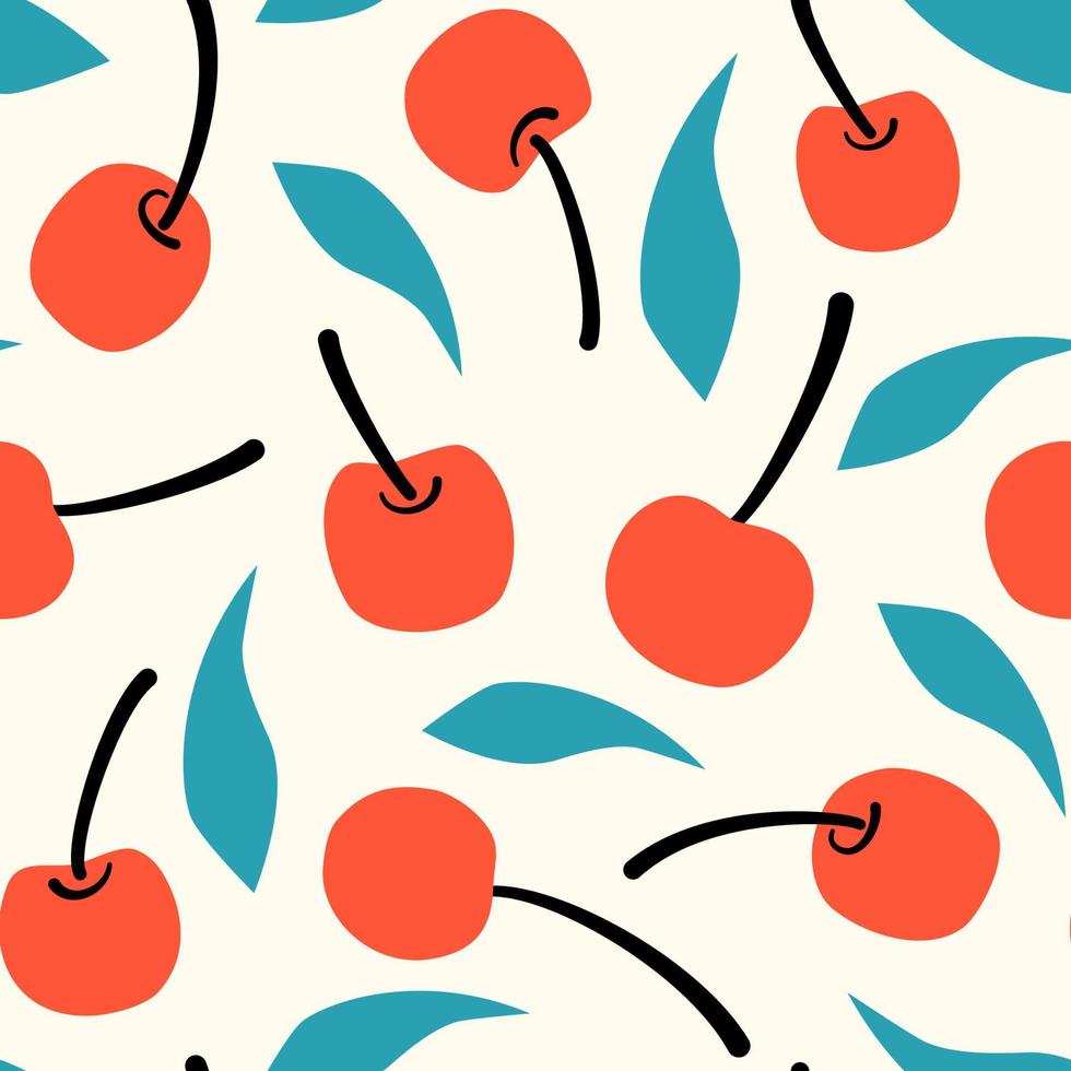 Cute abstract seamless vector pattern illustration with red cherries and blue leaves on white background