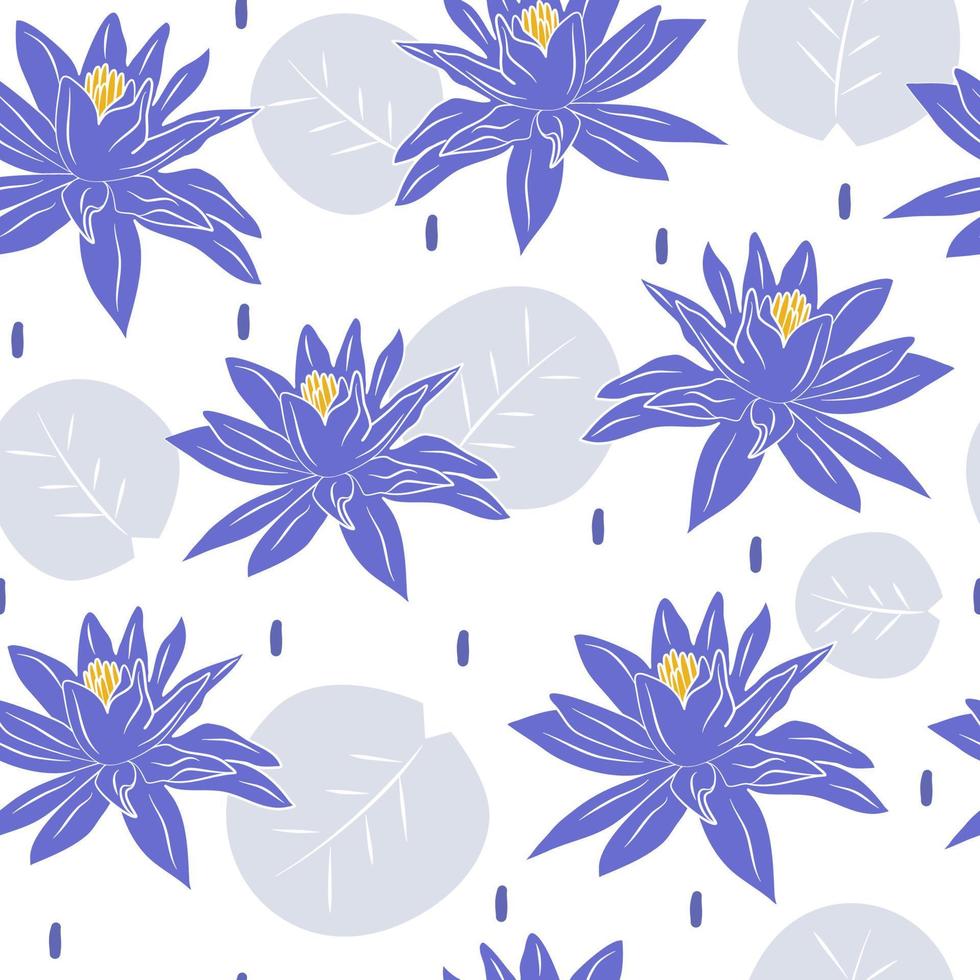 cute colorful trendy seamless vector pattern illustration with beautiful very peri lotus leaves and flowers on white background