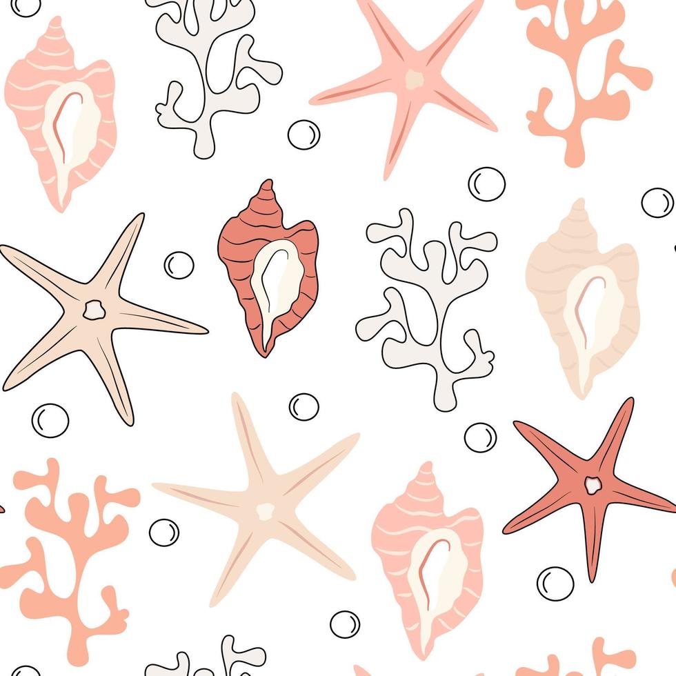 cute abstract modern seamless vector pattern background illustration with pastel seashells, starfishes and corals