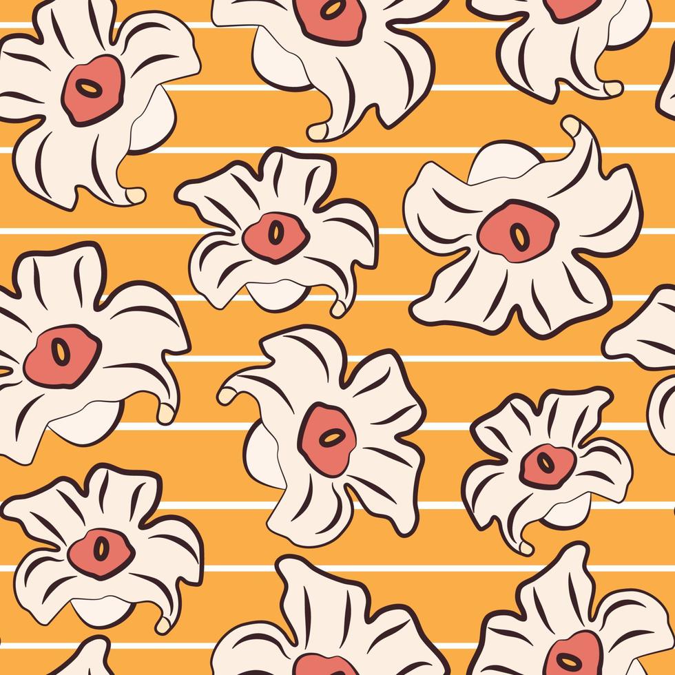 cute abstract seamless vector pattern illustration with colorful flowers on yellow and white striped background