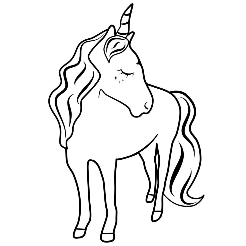 cute hand drawn adorable beautiful black and white cartoon character unicorn vector illustration for coloring art