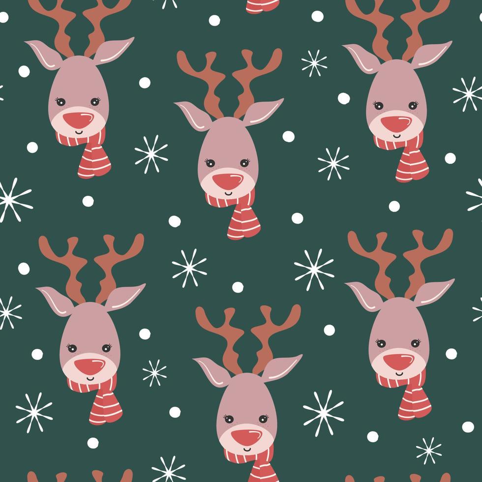 cute holiday christmas seamless vector pattern illustration with adorable cartoon character reindeer with red scarf and snowflakes on green background