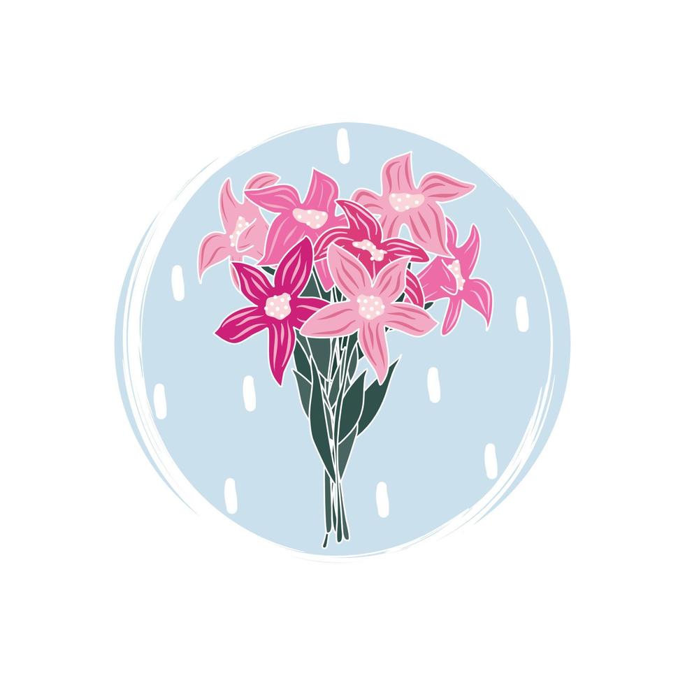 Cute logo or icon vector with colorful flowers bouquet, illustration on circle with brush texture, for social media story and highlight