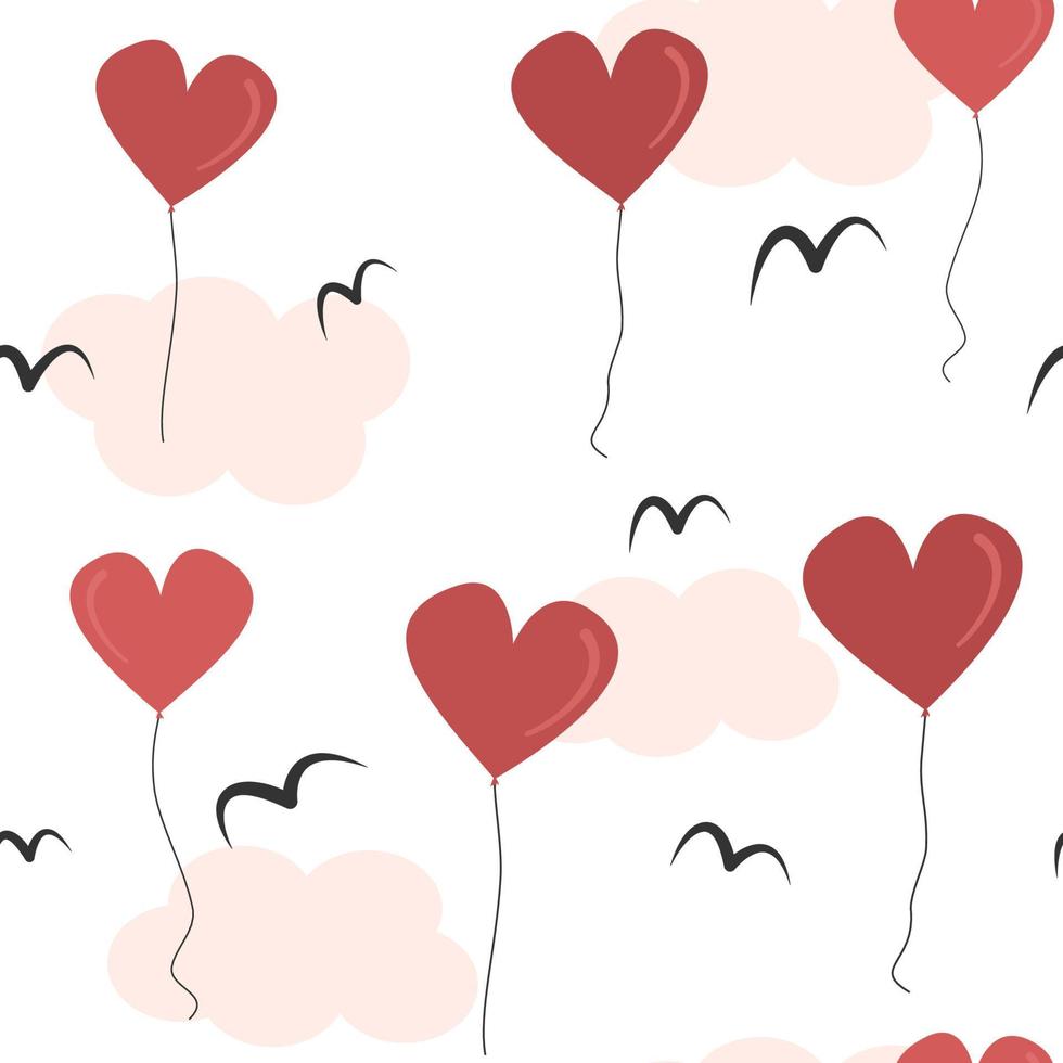 Cute lovely romantic hand drawn seamless vector pattern background illustration with heart shape balloons in the sky with pink clouds and birds silhouette