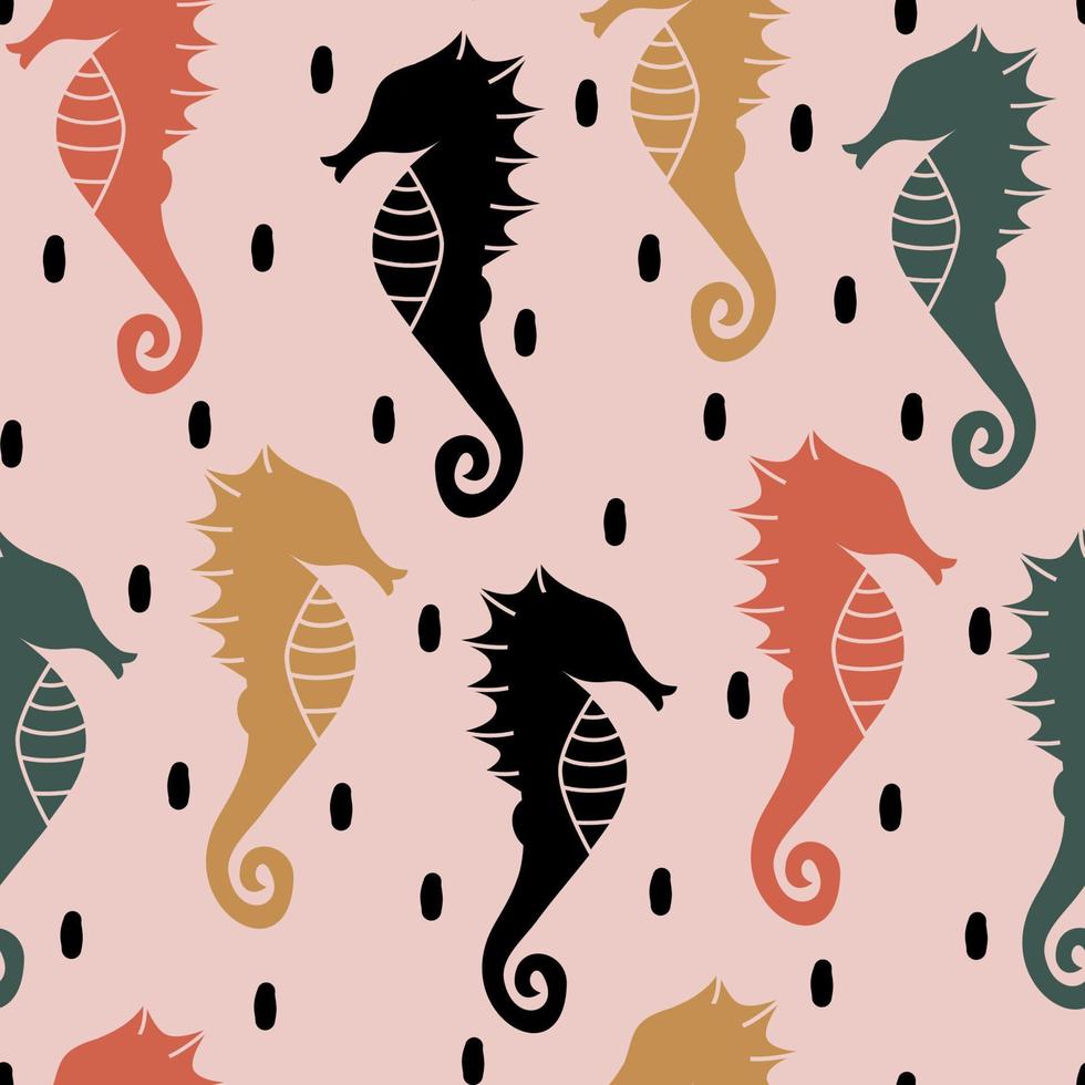 cute hand drawn abstract seamless vector pattern design illustration with colorful seahorse silhouettes and black confetti on pink background