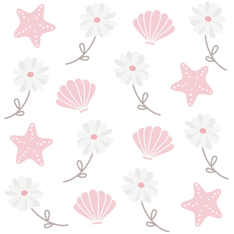 cute lovely seamless vector pattern background illustration with daisy flowers, seashells and starfish