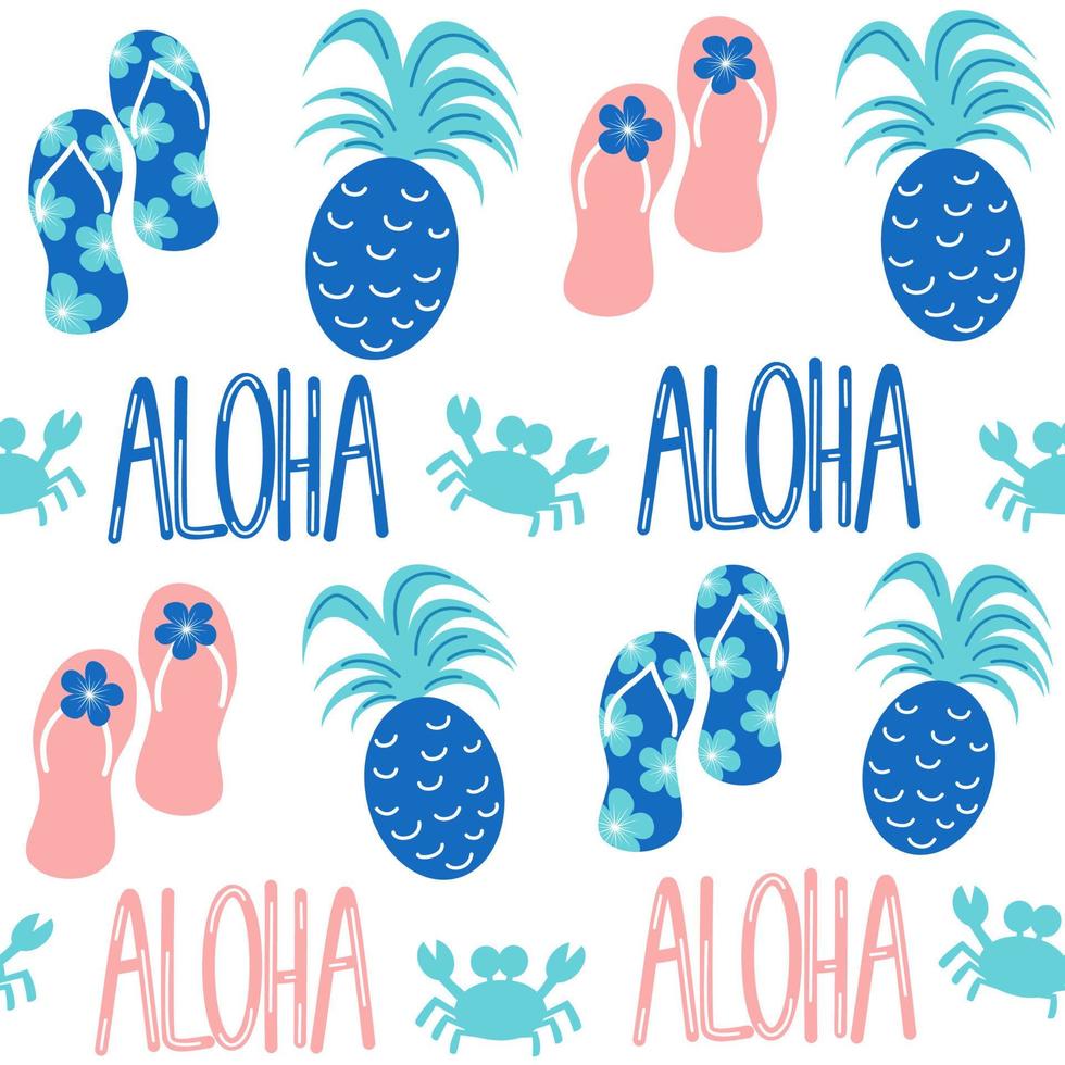 cute lovely seamless vector pattern background illustration with pineapples, crabs, flip flop and aloha word