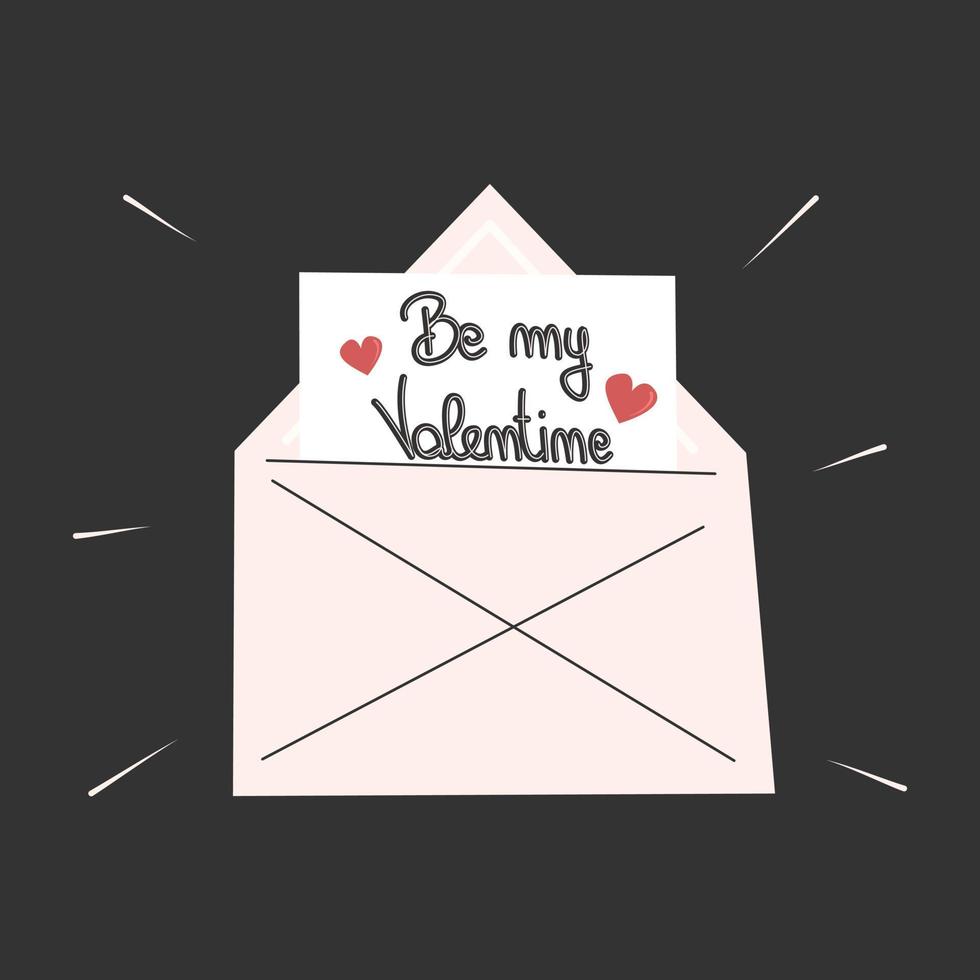 Cute lovely hand drawn lettering be my Valentine text in a envelope funny romantic vector illustration for greeting card