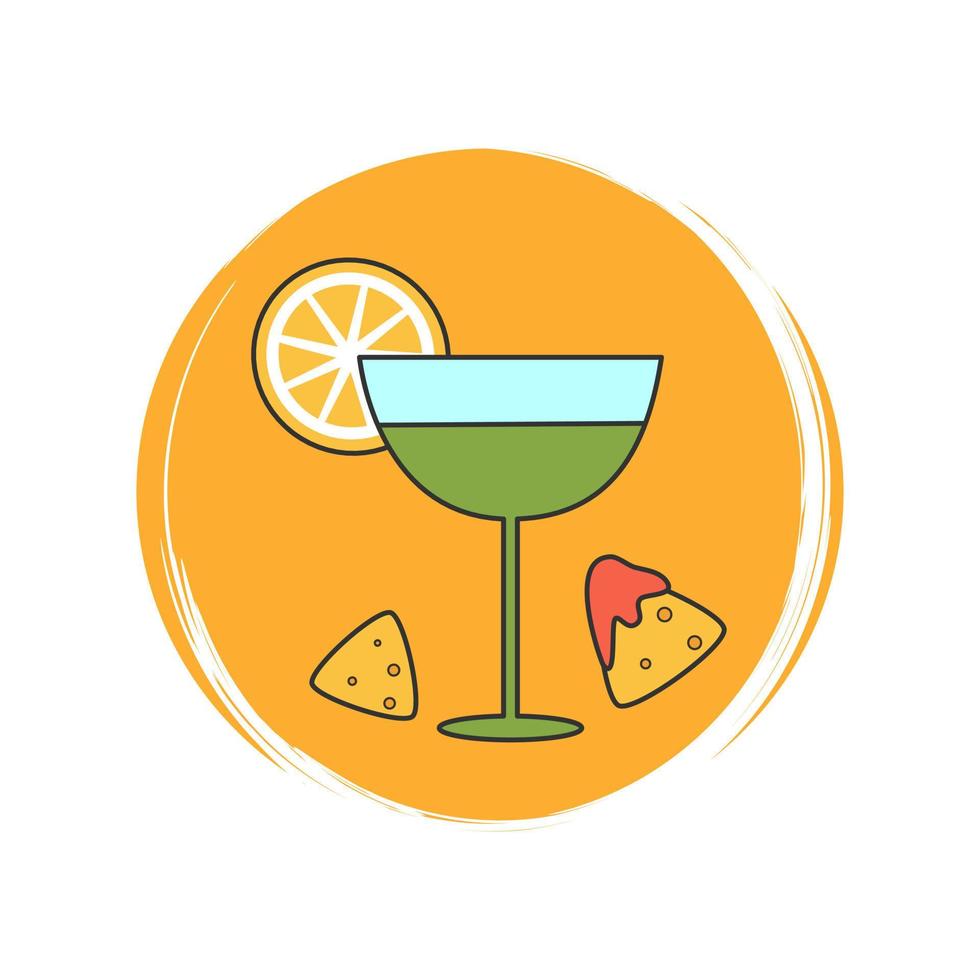 Cute logo or icon vector with margarita with lime and nachos, illustration on circle with brush texture, for social media story and highlights