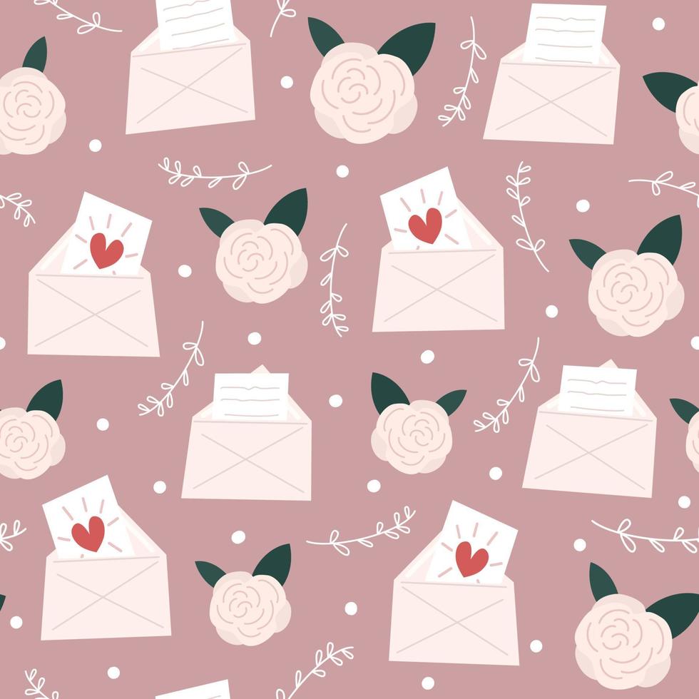 Cute sweet seamless vector pattern background illustration with romantic love letters, flowers and branches